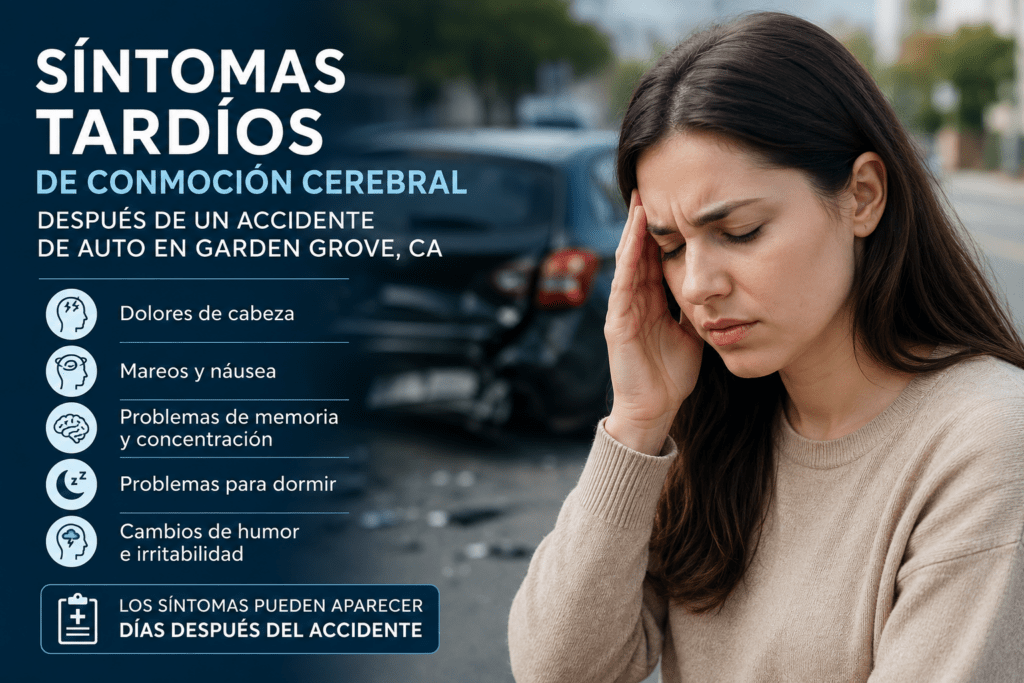 Síntomas tardíos de conmoción cerebral después de un accidente de auto en Garden Grove, CA