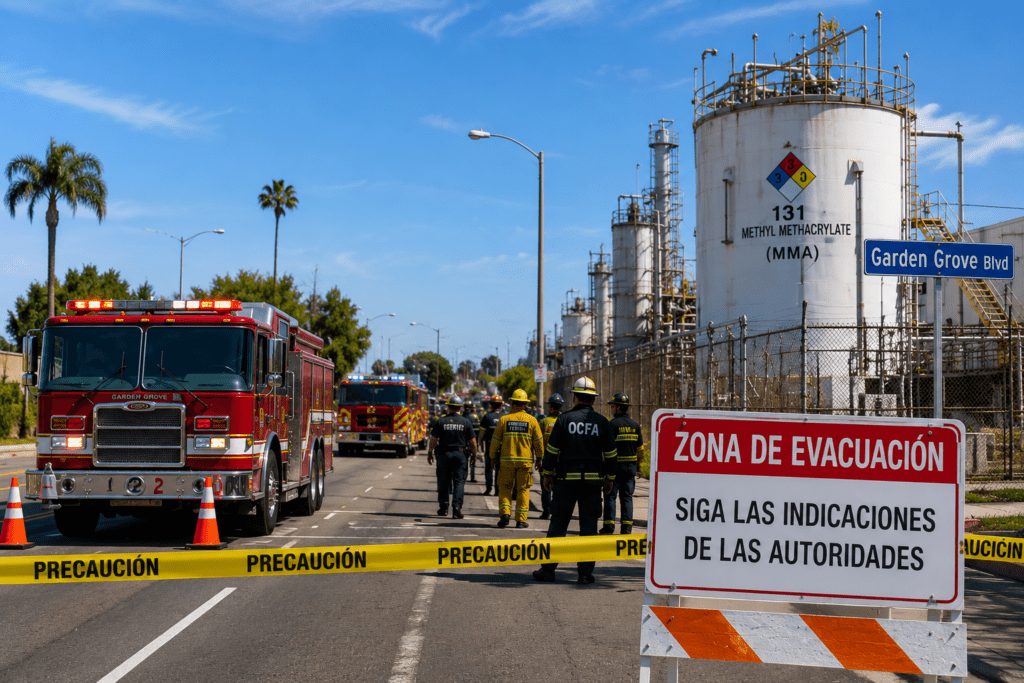 Fuga química en Garden Grove con evacuaciones y respuesta de equipos de emergencia en áreas industriales afectadas