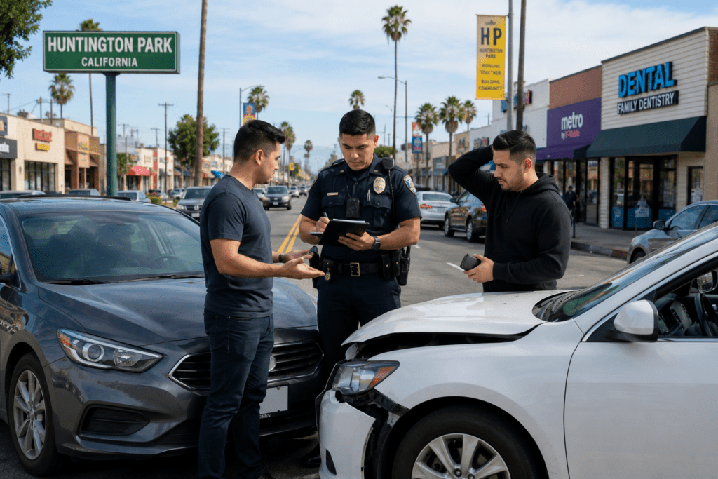 Accidente con conductor sin licencia en Huntington Park involucrando dos vehículos y una investigación en la escena del choque