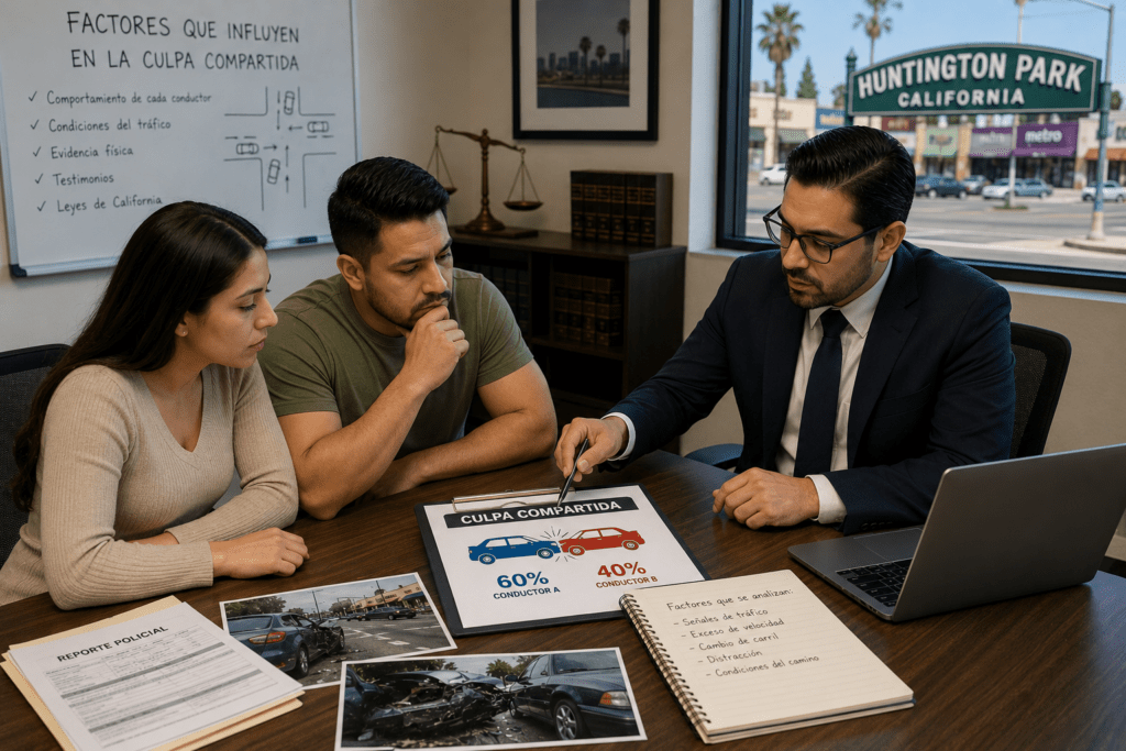 Cómo Funciona la Culpa Compartida Después de un Accidente de Auto en Huntington Park, CA 1 Culpa compartida después de un accidente de auto en Huntington Park con dos vehículos involucrados en una colisión en una intersección urbana