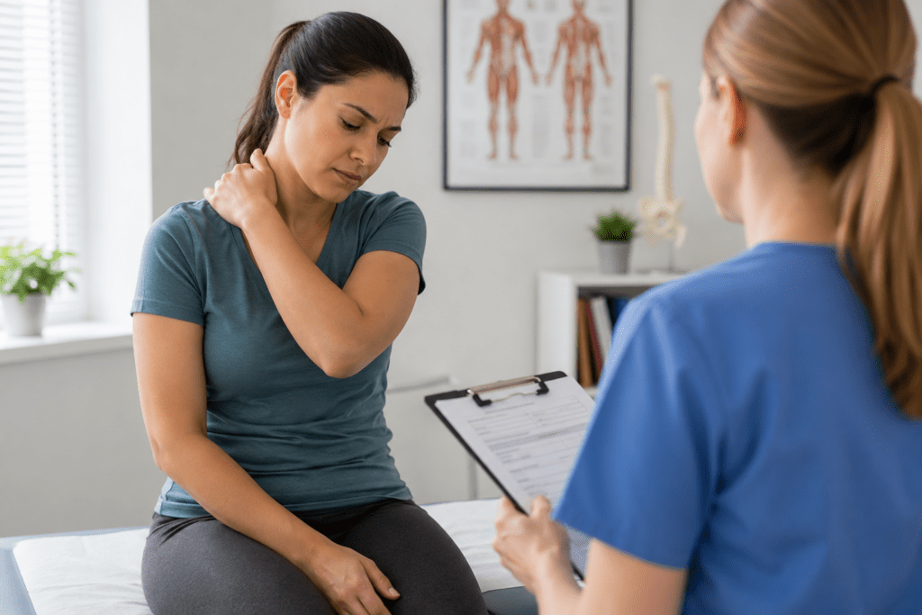 Lesiones de tejidos blandos después de un accidente con una persona recibiendo evaluación médica por dolor en el cuello y el hombro después de una colisión